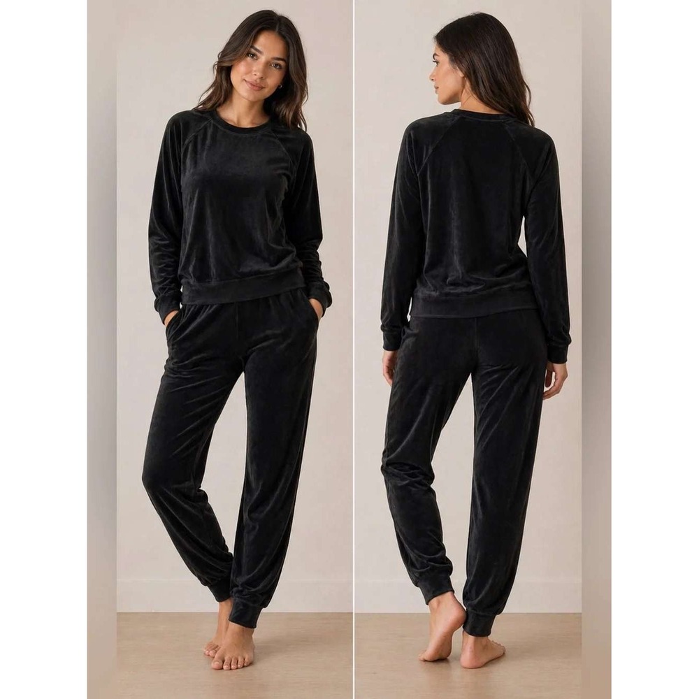 Magaschoni Velour Lounge Set Women 2X Black 2 Piece Jogger Sweatsuit Y2K Cozy